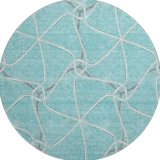 8' Teal Ivory And Gray Geometric Washable Round Rug With UV Protection Photo 2