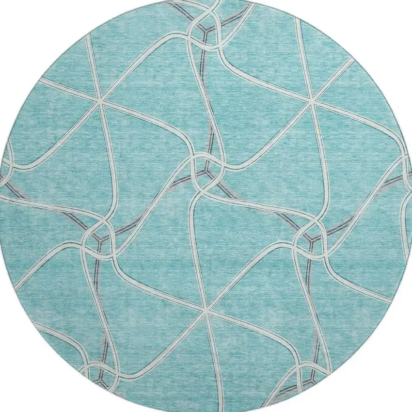8' Teal Ivory And Gray Geometric Washable Round Rug With UV Protection Photo 2