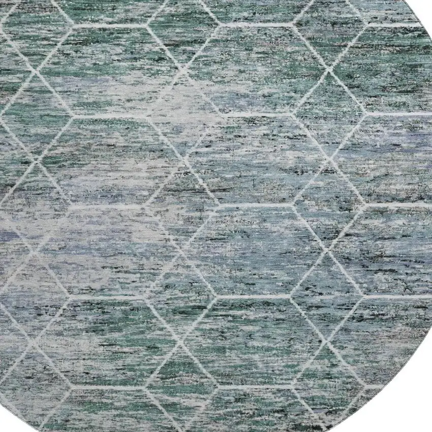 8' Teal Ivory And Gray Geometric Washable Round Rug With UV Protection Photo 2