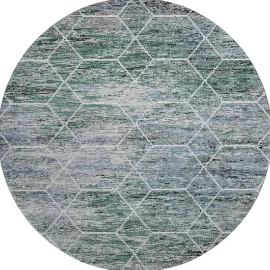8' Teal Ivory And Gray Geometric Washable Round Rug With UV Protection Photo 3