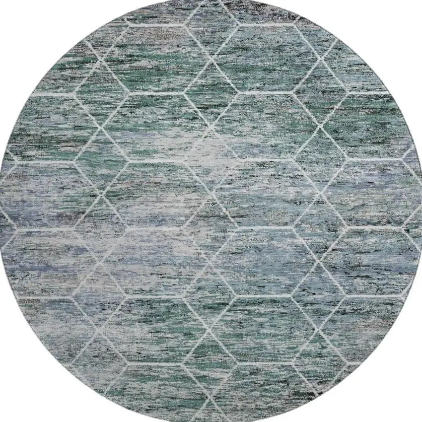 8' Teal Ivory And Gray Geometric Washable Round Rug With UV Protection Photo 3