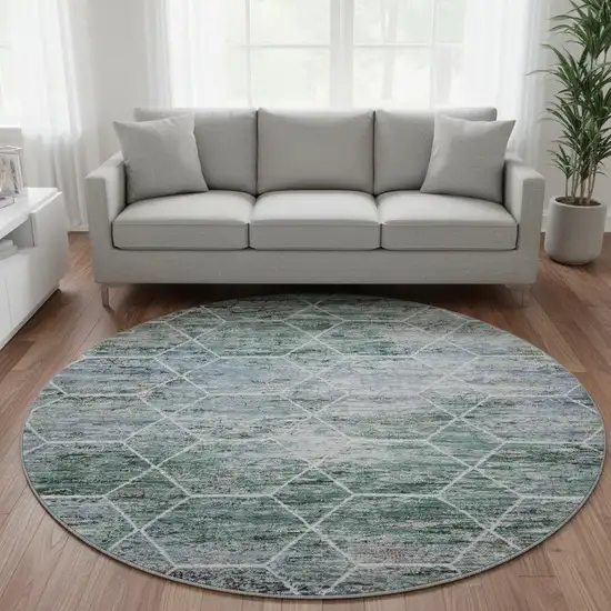 8' Teal Ivory And Gray Geometric Washable Round Rug With UV Protection Photo 2