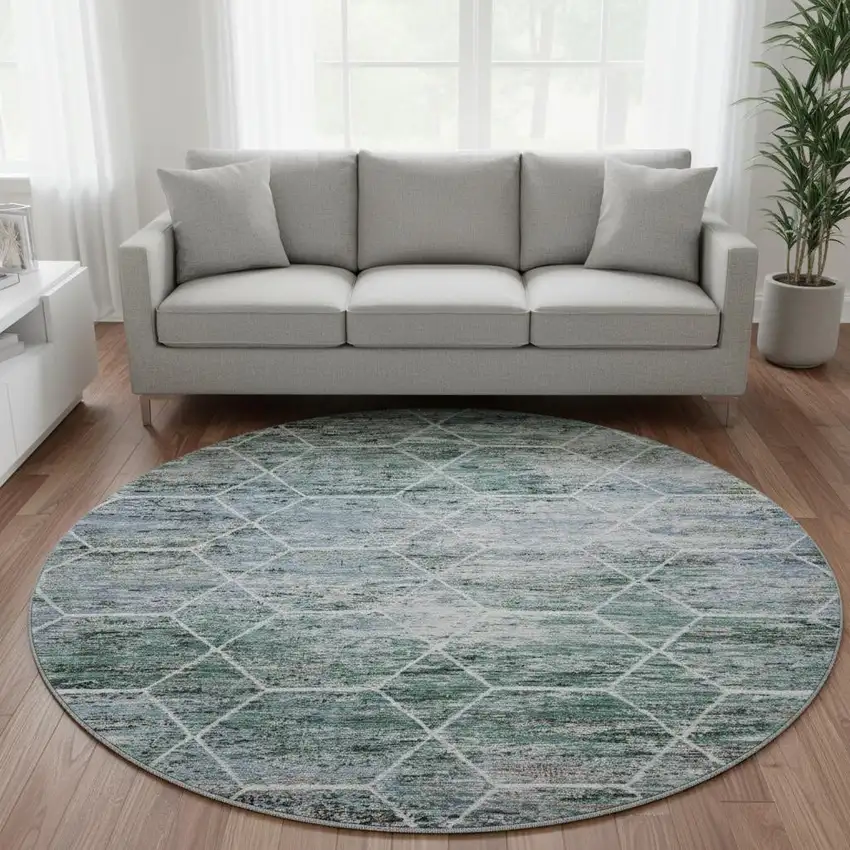 8' Teal Ivory And Gray Geometric Washable Round Rug With UV Protection Photo 2