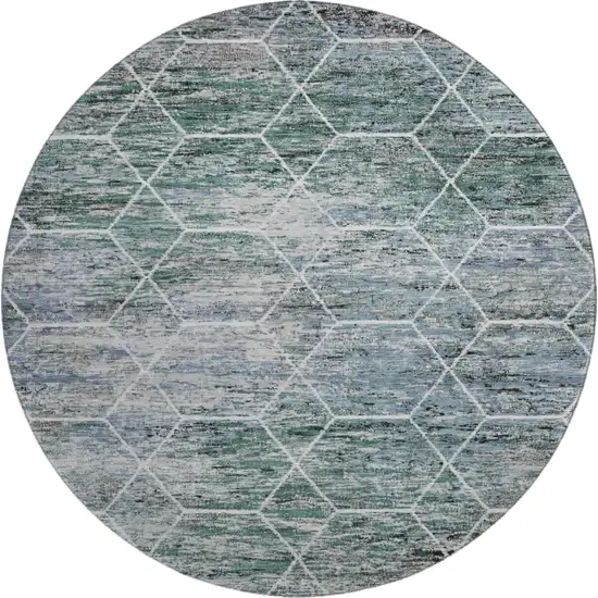 8' Teal Ivory And Gray Geometric Washable Round Rug With UV Protection Photo 1