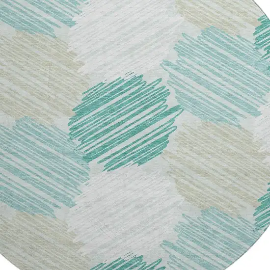 8' Teal Ivory And Gray Geometric Washable Round Rug With UV Protection Photo 3