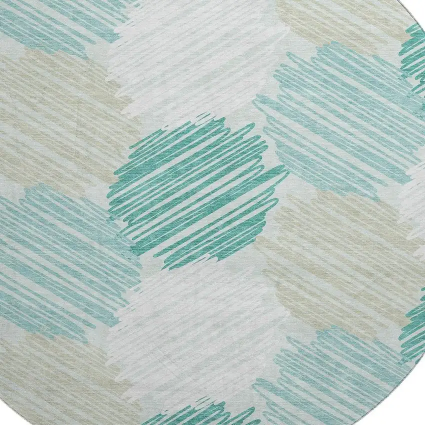 8' Teal Ivory And Gray Geometric Washable Round Rug With UV Protection Photo 3