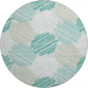 Photo of 8' Teal Ivory And Gray Geometric Washable Round Rug With UV Protection