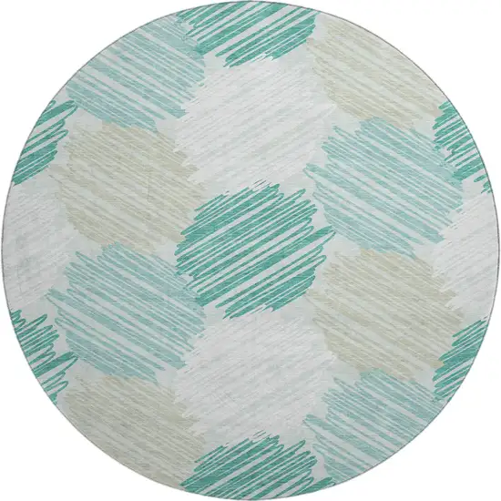 8' Teal Ivory And Gray Geometric Washable Round Rug With UV Protection Photo 1