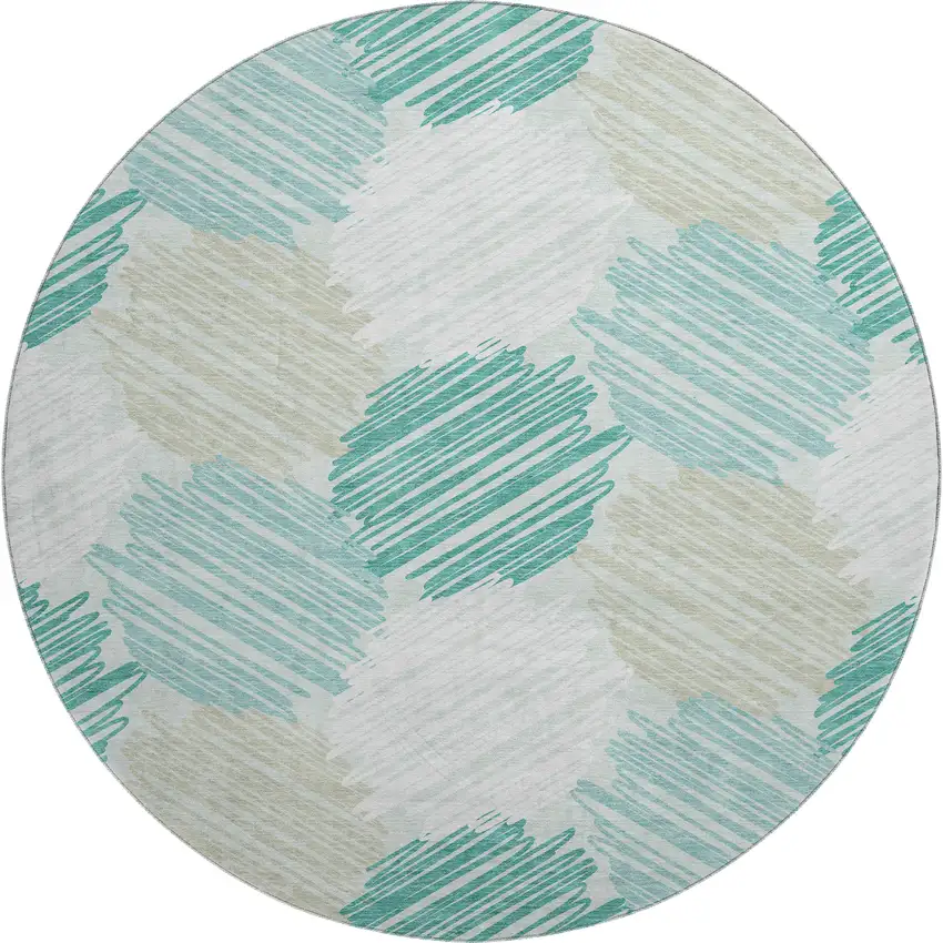 8' Teal Ivory And Gray Geometric Washable Round Rug With UV Protection Photo 1