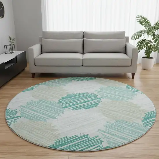 8' Teal Ivory And Gray Geometric Washable Round Rug With UV Protection Photo 2