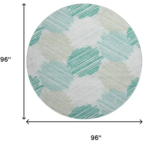 8' Teal Ivory And Gray Geometric Washable Round Rug With UV Protection Photo 9