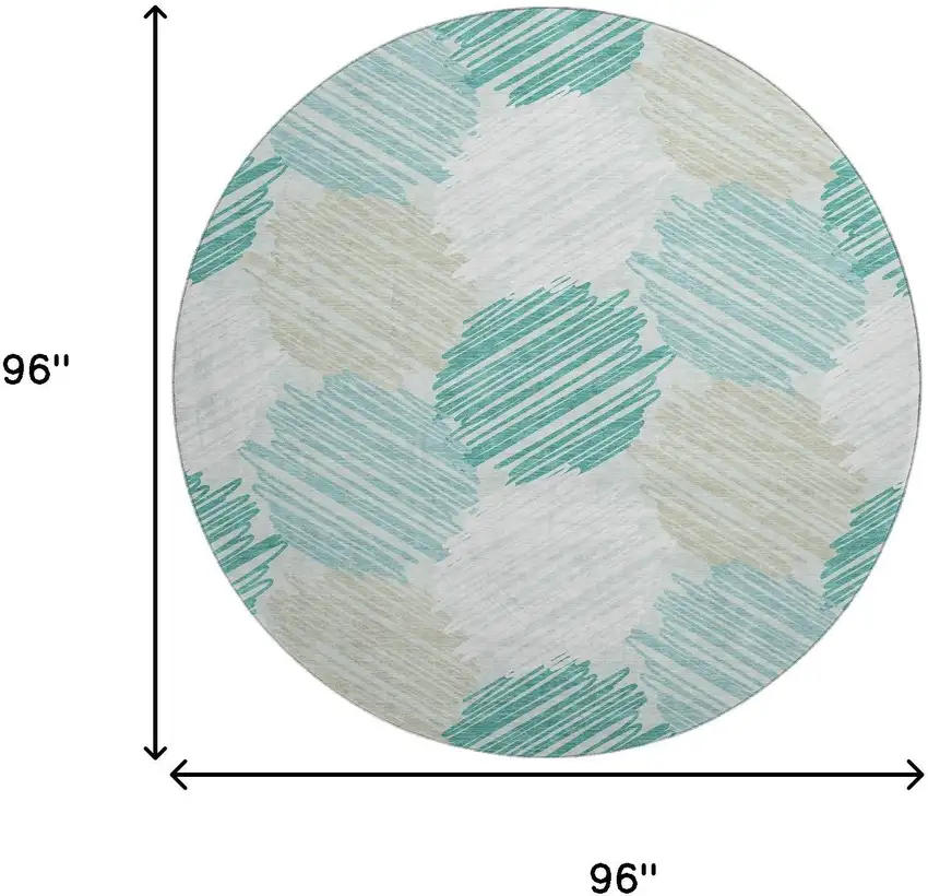 8' Teal Ivory And Gray Geometric Washable Round Rug With UV Protection Photo 9