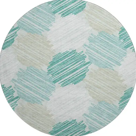 8' Teal Ivory And Gray Geometric Washable Round Rug With UV Protection Photo 4