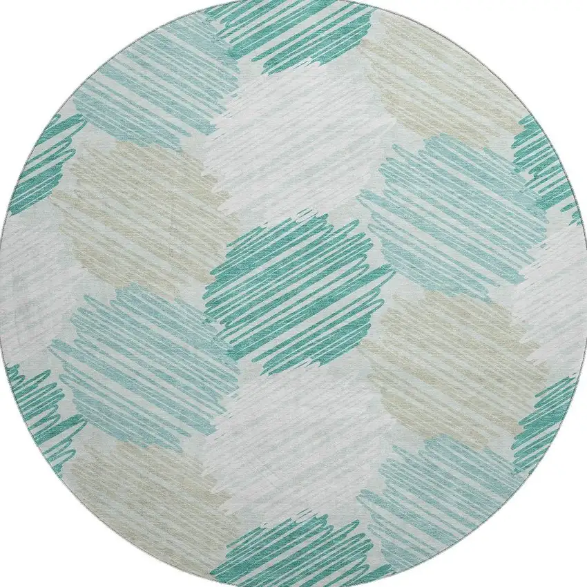 8' Teal Ivory And Gray Geometric Washable Round Rug With UV Protection Photo 4