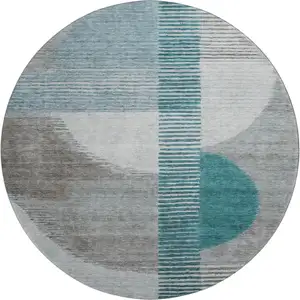 Photo of 8' Teal Ivory And Gray Geometric Washable Round Rug With UV Protection