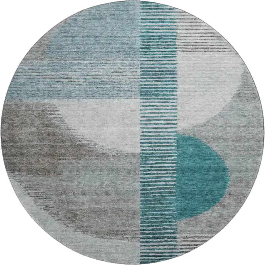 8' Teal Ivory And Gray Geometric Washable Round Rug With UV Protection Photo 1
