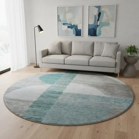 8' Teal Ivory And Gray Geometric Washable Round Rug With UV Protection Photo 2
