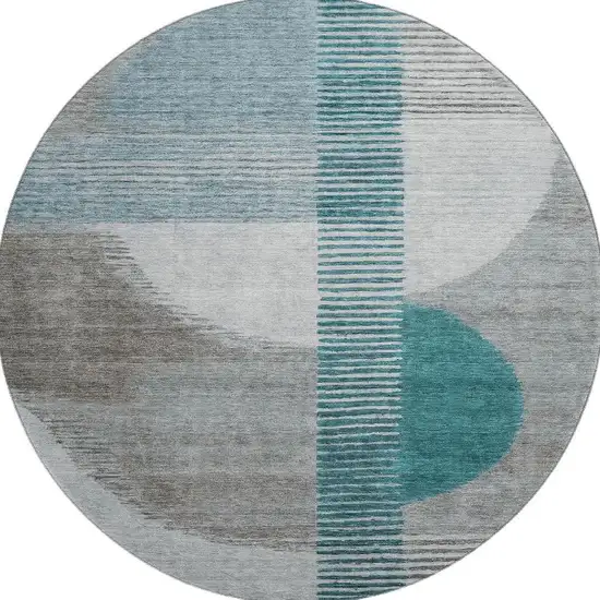 8' Teal Ivory And Gray Geometric Washable Round Rug With UV Protection Photo 4