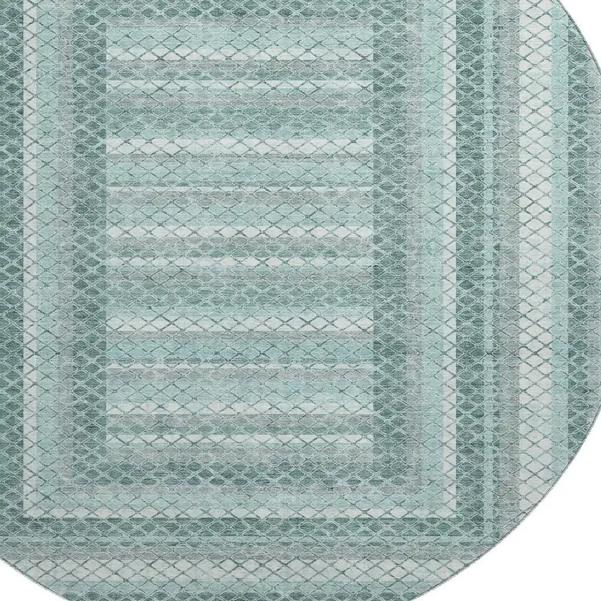8' Teal Ivory And Gray Geometric Washable Round Rug With UV Protection Photo 3