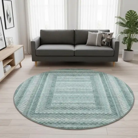 8' Teal Ivory And Gray Geometric Washable Round Rug With UV Protection Photo 2