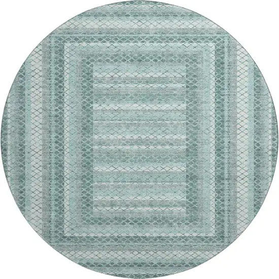 8' Teal Ivory And Gray Geometric Washable Round Rug With UV Protection Photo 2