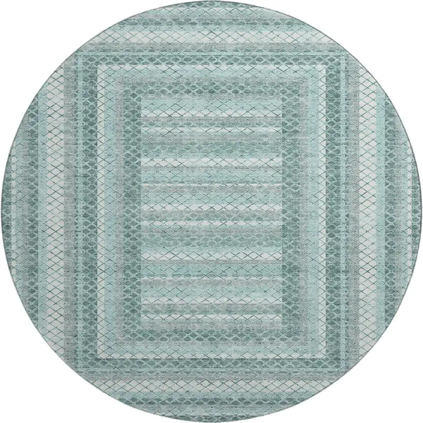 8' Teal Ivory And Gray Geometric Washable Round Rug With UV Protection Photo 2