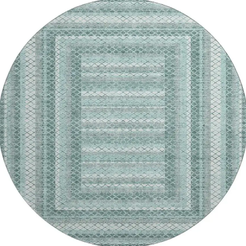 8' Teal Ivory And Gray Geometric Washable Round Rug With UV Protection Photo 4