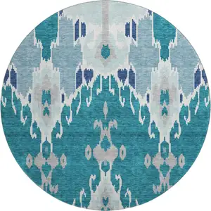 Photo of 8' Teal Ivory And Gray Ikat Washable Round Rug With UV Protection