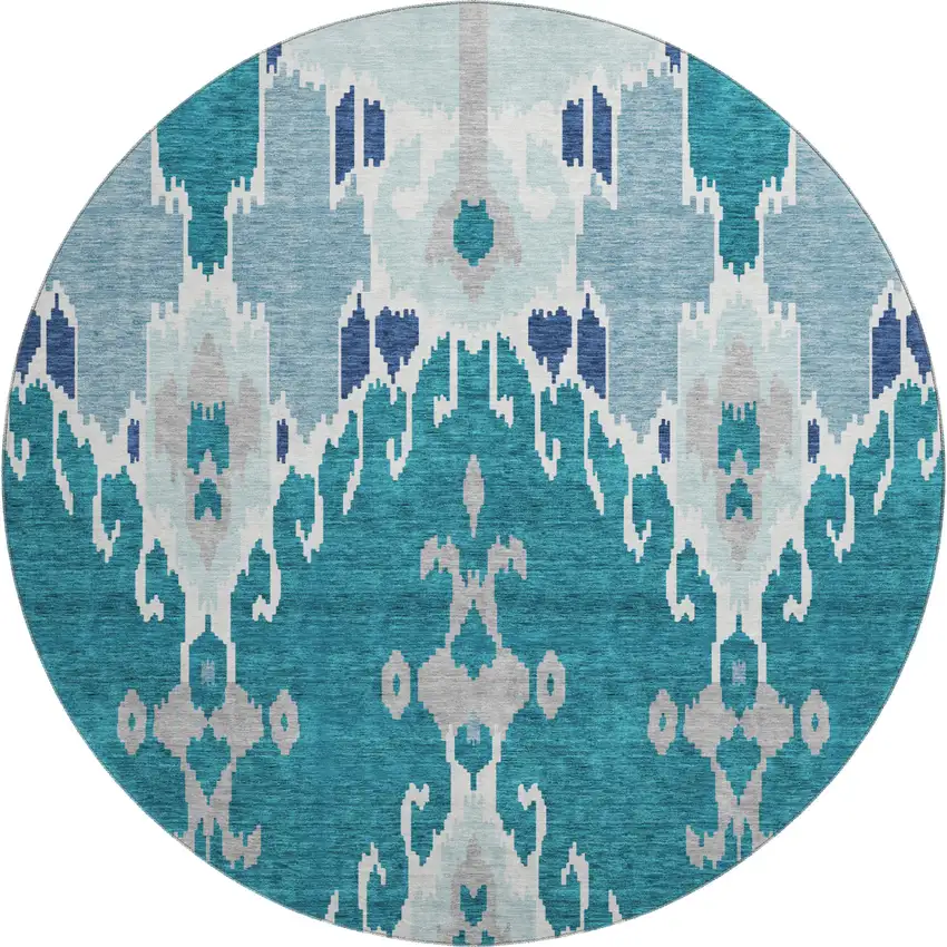 8' Teal Ivory And Gray Ikat Washable Round Rug With UV Protection Photo 1