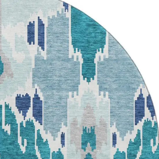 8' Teal Ivory And Gray Ikat Washable Round Rug With UV Protection Photo 4