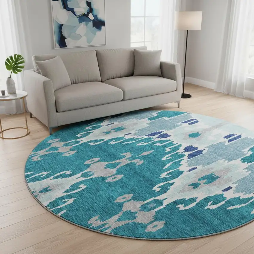 8' Teal Ivory And Gray Ikat Washable Round Rug With UV Protection Photo 2