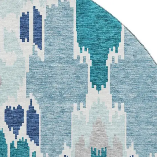 8' Teal Ivory And Gray Ikat Washable Round Rug With UV Protection Photo 3