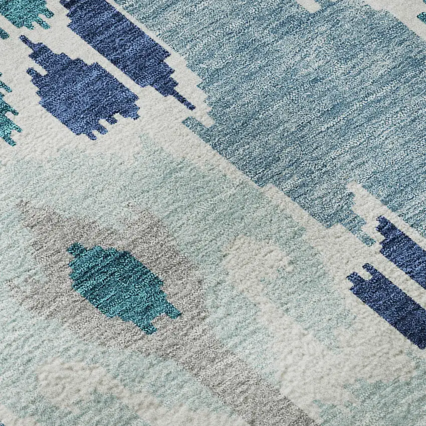 8' Teal Ivory And Gray Ikat Washable Round Rug With UV Protection Photo 9