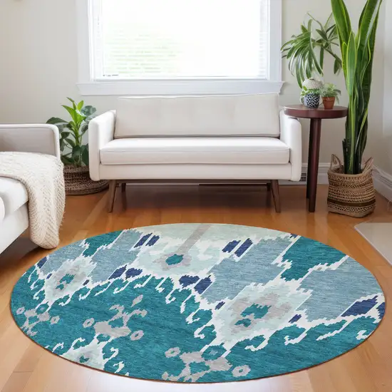 8' Teal Ivory And Gray Ikat Washable Round Rug With UV Protection Photo 5