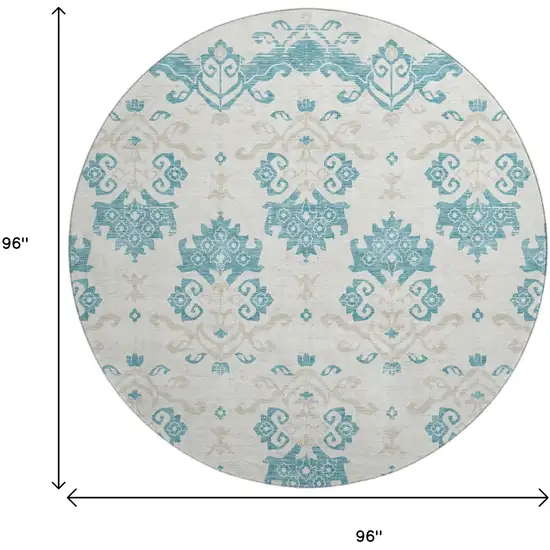 8' Teal Ivory And Gray Medallion Washable Round Rug With UV Protection Photo 3