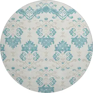 Photo of 8' Teal Ivory And Gray Medallion Washable Round Rug With UV Protection