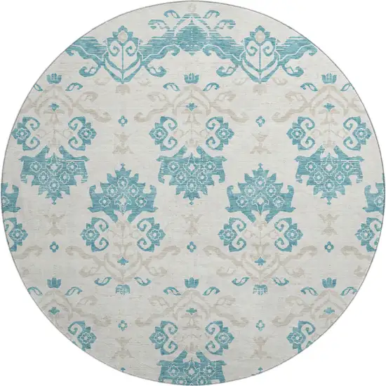 8' Teal Ivory And Gray Medallion Washable Round Rug With UV Protection Photo 1