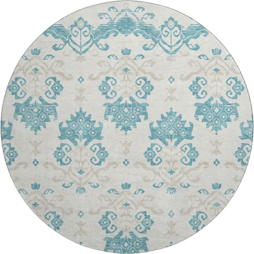 8' Teal Ivory And Gray Medallion Washable Round Rug With UV Protection Photo 1