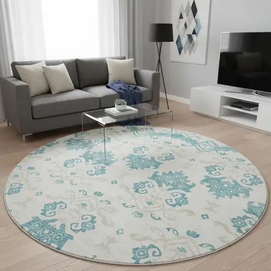 8' Teal Ivory And Gray Medallion Washable Round Rug With UV Protection Photo 2