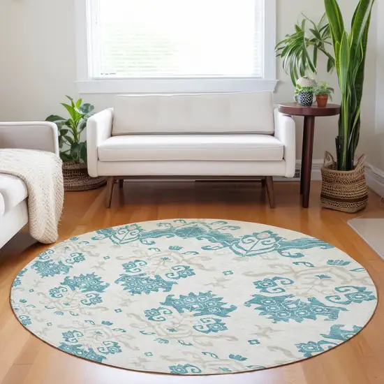 8' Teal Ivory And Gray Medallion Washable Round Rug With UV Protection Photo 5