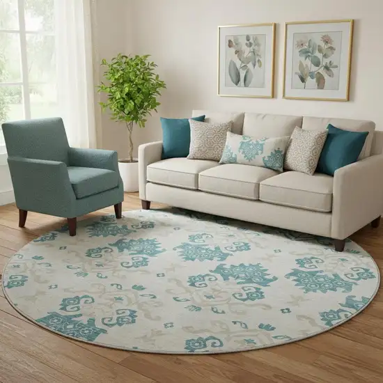 8' Teal Ivory And Gray Medallion Washable Round Rug With UV Protection Photo 1