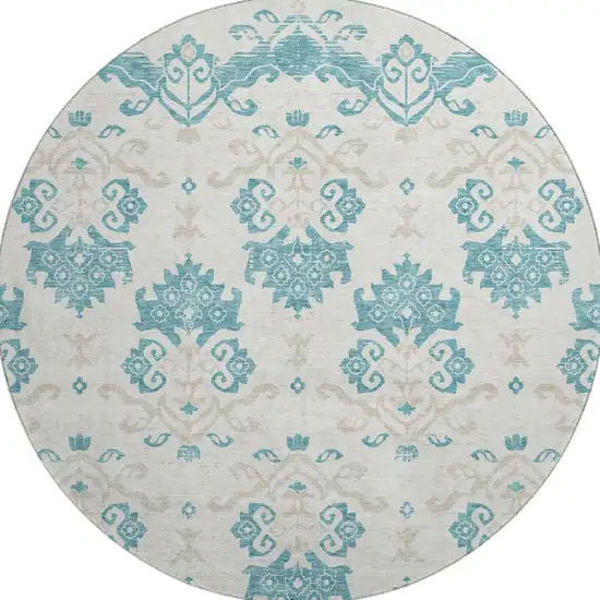 8' Teal Ivory And Gray Medallion Washable Round Rug With UV Protection Photo 4