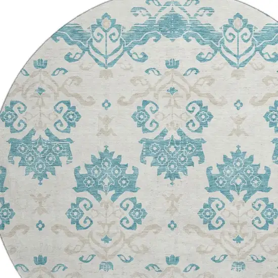 8' Teal Ivory And Gray Medallion Washable Round Rug With UV Protection Photo 3