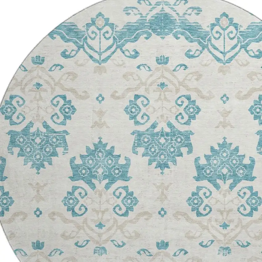 8' Teal Ivory And Gray Medallion Washable Round Rug With UV Protection Photo 3