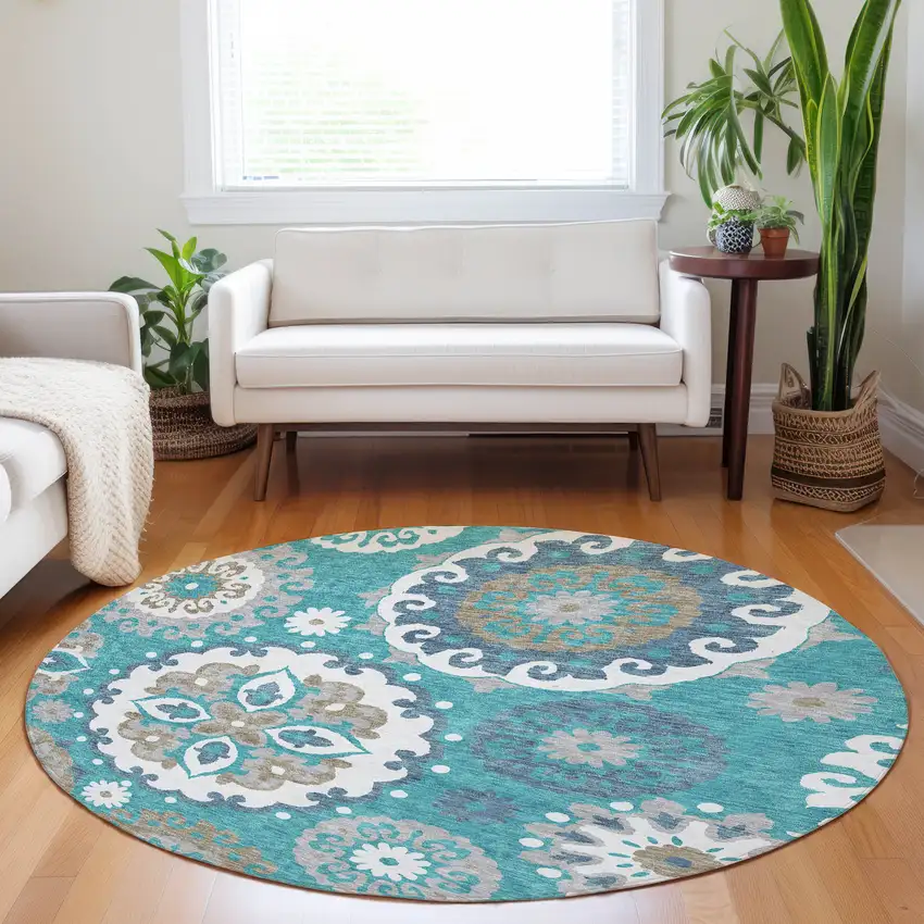 8' Teal Ivory And Gray Medallion Washable Round Rug With UV Protection Photo 5