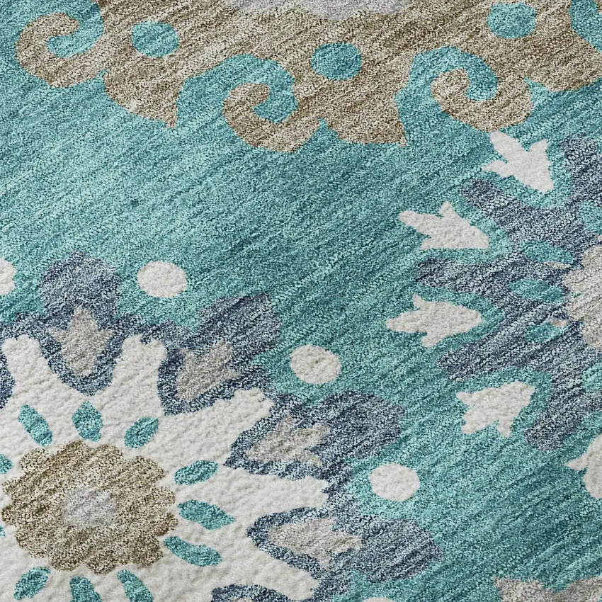 8' Teal Ivory And Gray Medallion Washable Round Rug With UV Protection Photo 9