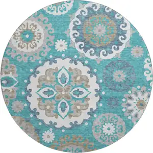 Photo of 8' Teal Ivory And Gray Medallion Washable Round Rug With UV Protection
