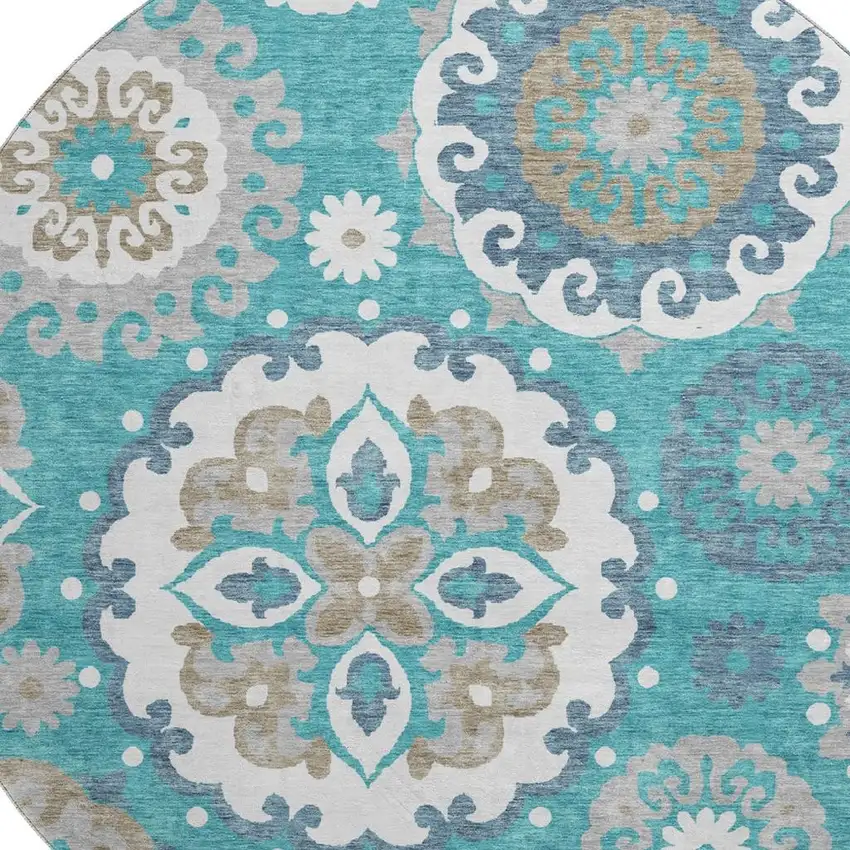 8' Teal Ivory And Gray Medallion Washable Round Rug With UV Protection Photo 3