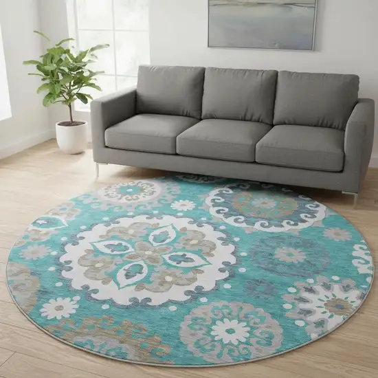 8' Teal Ivory And Gray Medallion Washable Round Rug With UV Protection Photo 2