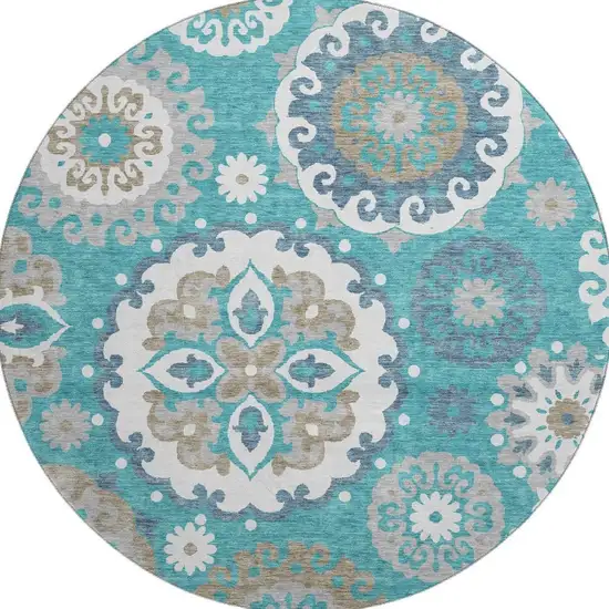 8' Teal Ivory And Gray Medallion Washable Round Rug With UV Protection Photo 4